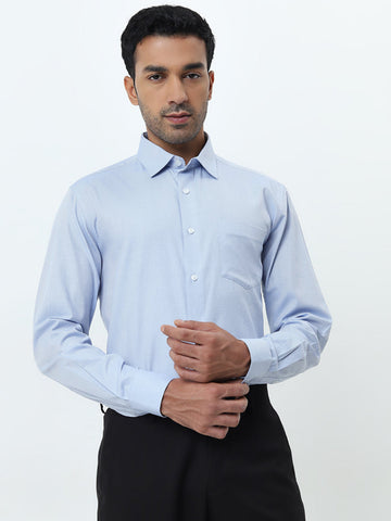 WES Formals Blue Self-Patterned Relaxed-Fit Cotton Shirt