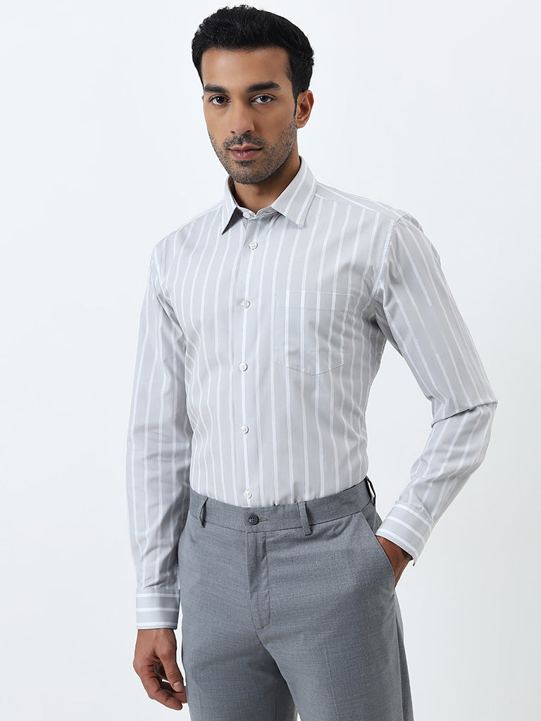 WES Formals Grey Stripe Printed Relaxed-Fit Cotton Shirt