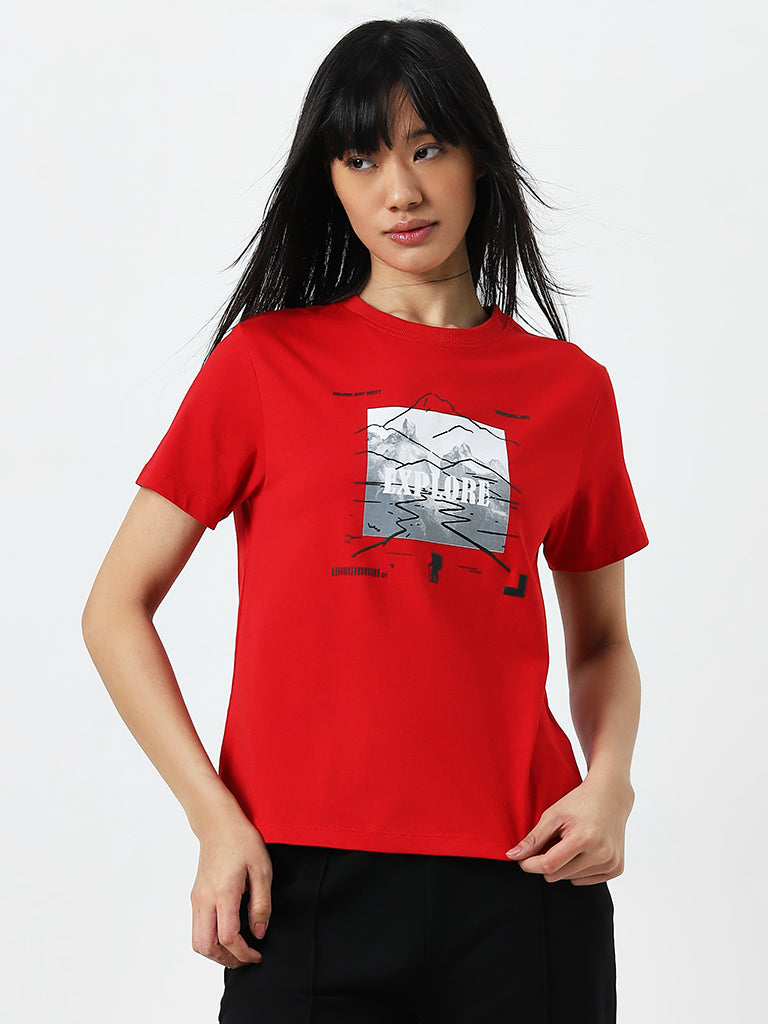 Studiofit Red Printed Cotton T-Shirt