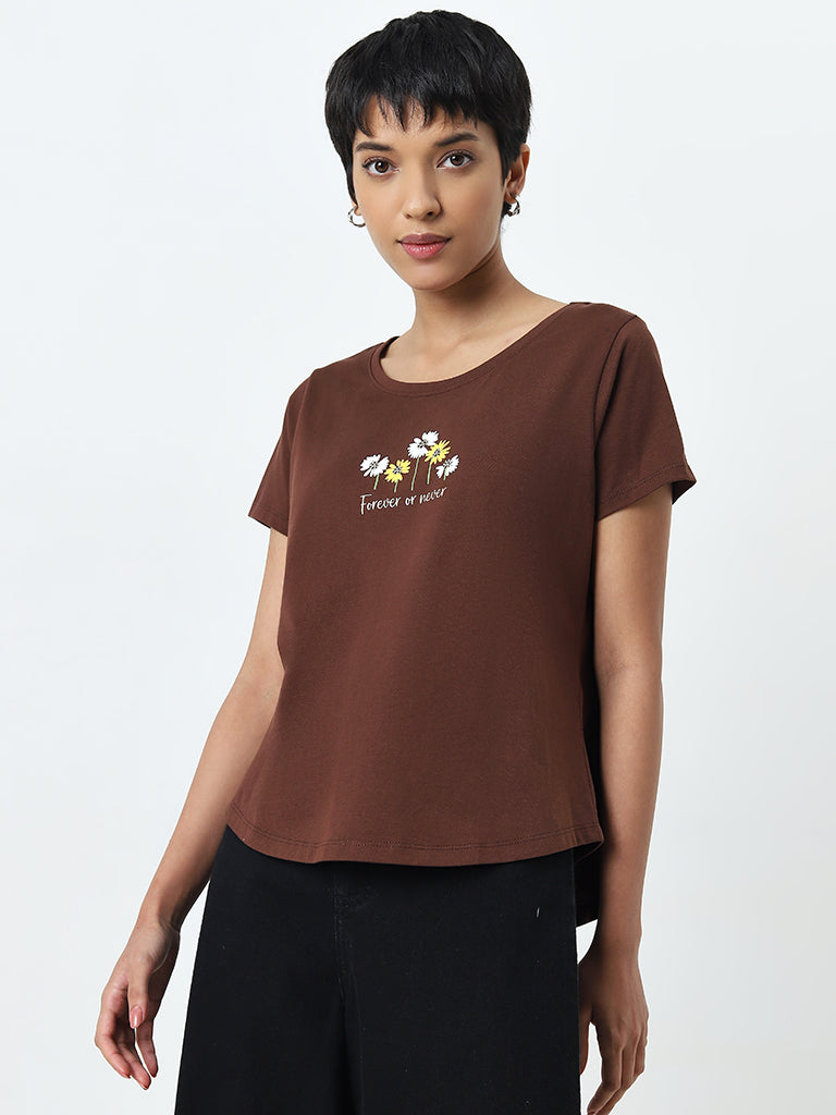 LOV Brown Floral Design Cotton T-Shirt