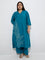 Diza Teal Foliage Embroidered A-Line Kurta