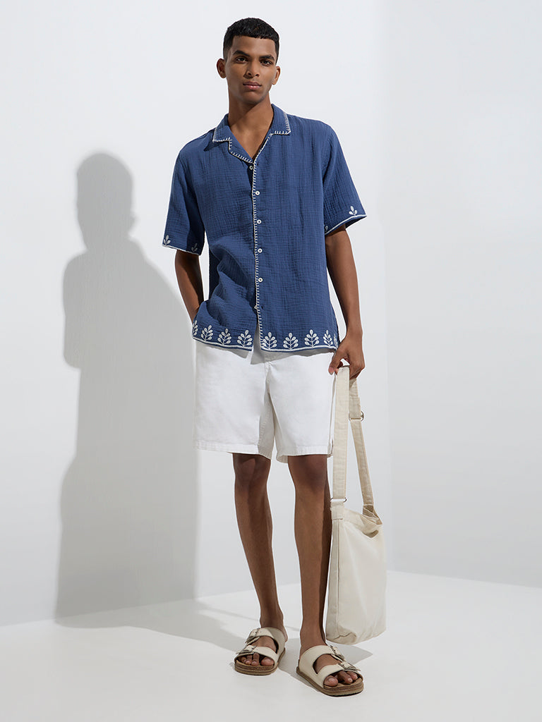 ETA Blue Embroidered Relaxed-Fit Cotton Shirt