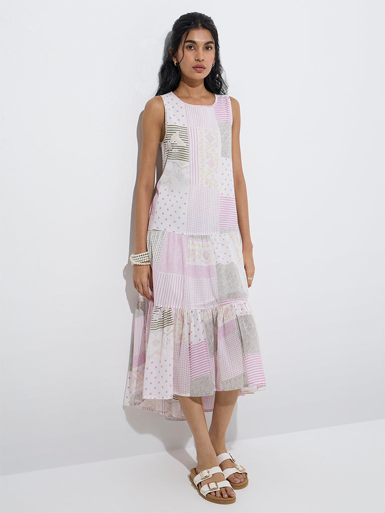 Bombay Paisley White Printed Cotton Drop-Waist Dress