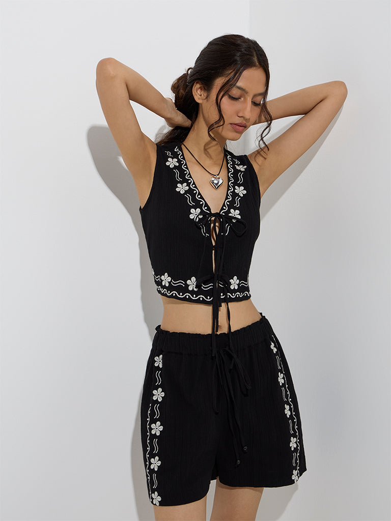 Bombay Paisley Black Floral Embroidered Cotton Top