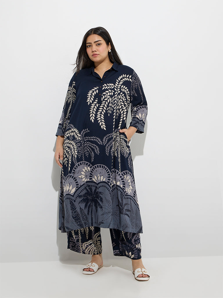 Diza Navy Tropical Pattern A-Line Kurta
