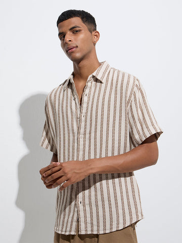 ETA Light Beige Stripe Embroidered Relaxed-Fit Cotton Shirt