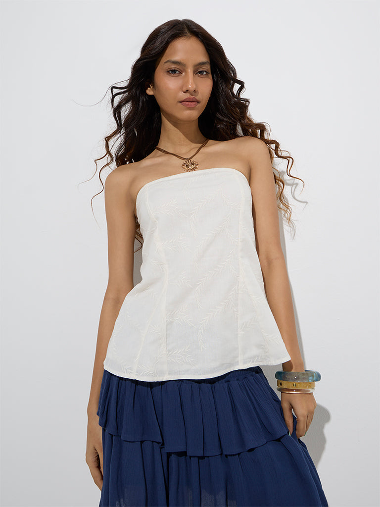 Bombay Paisley Off-White Embroidered Cotton-Blend Tube Top