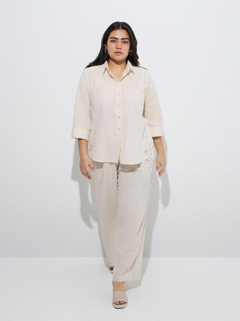 Gia Beige Lace-Detailed Cotton Shirt