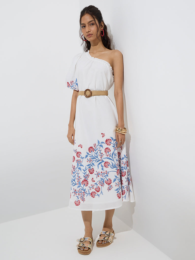 Bombay Paisley White Floral Cotton One-Shoulder Dress