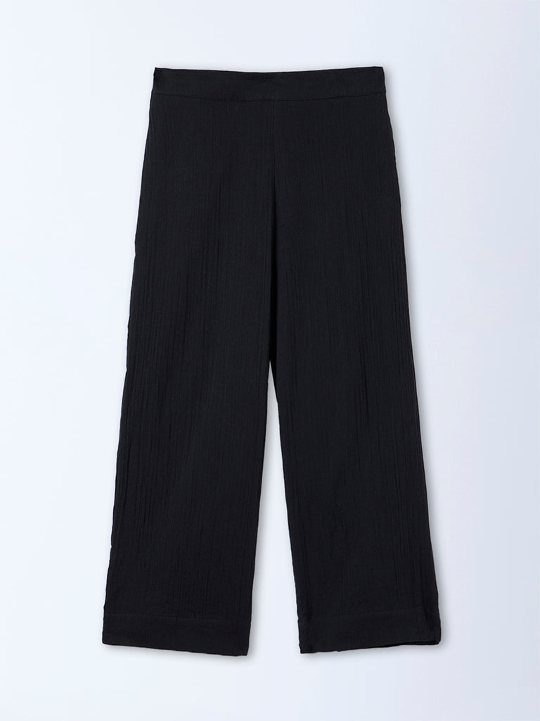 Gia Black Crinkle-textured High-Rise Cotton Pants