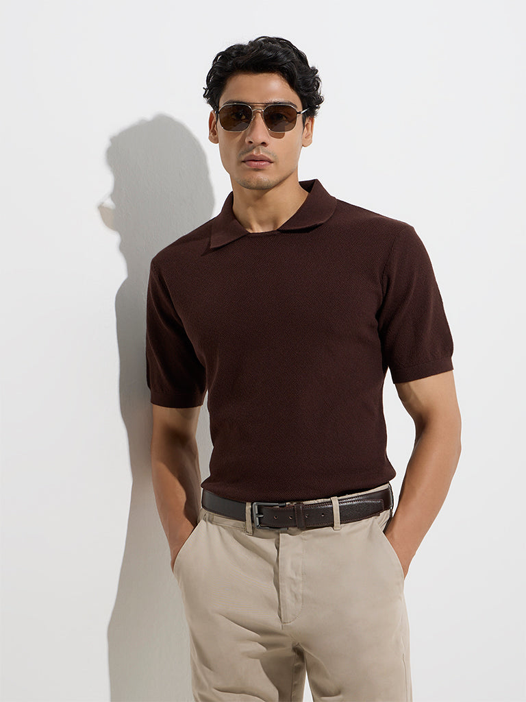 Ascot Dark Brown Textured Relaxed-Fit Cotton-Blend T-Shirt