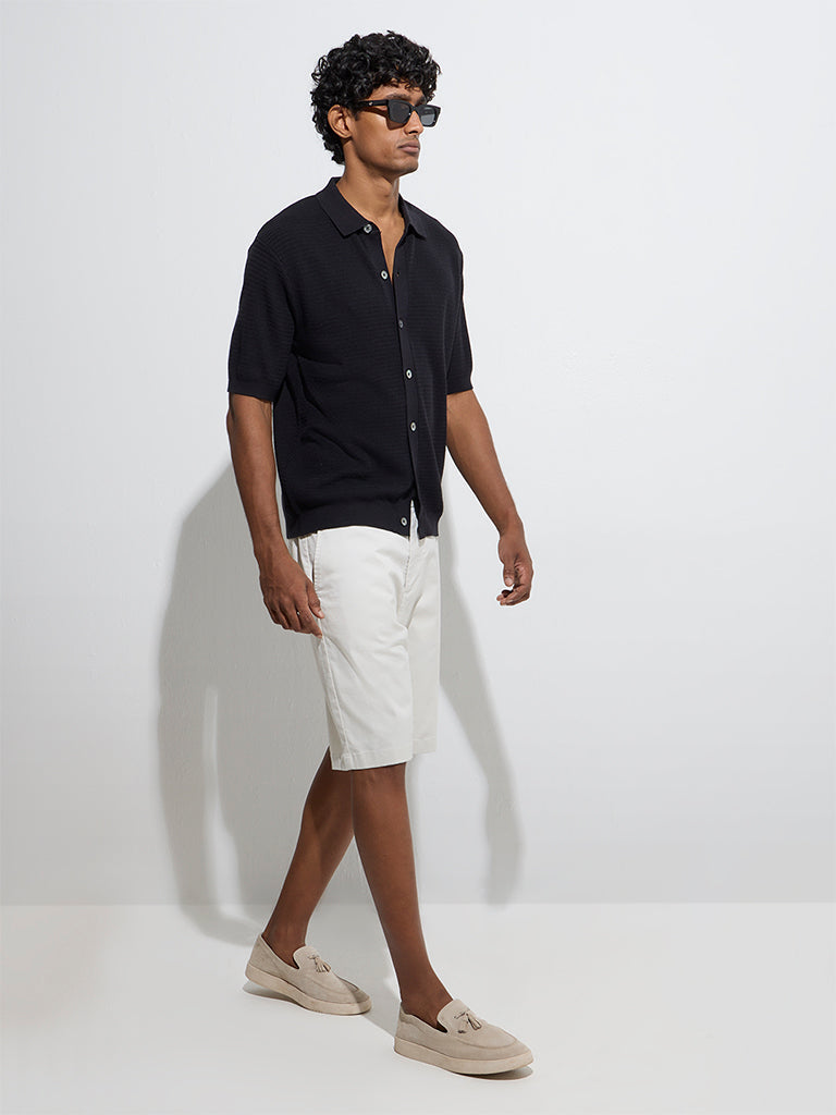 Ascot Black Knit-Textured Relaxed-Fit Cotton-Blend Shirt