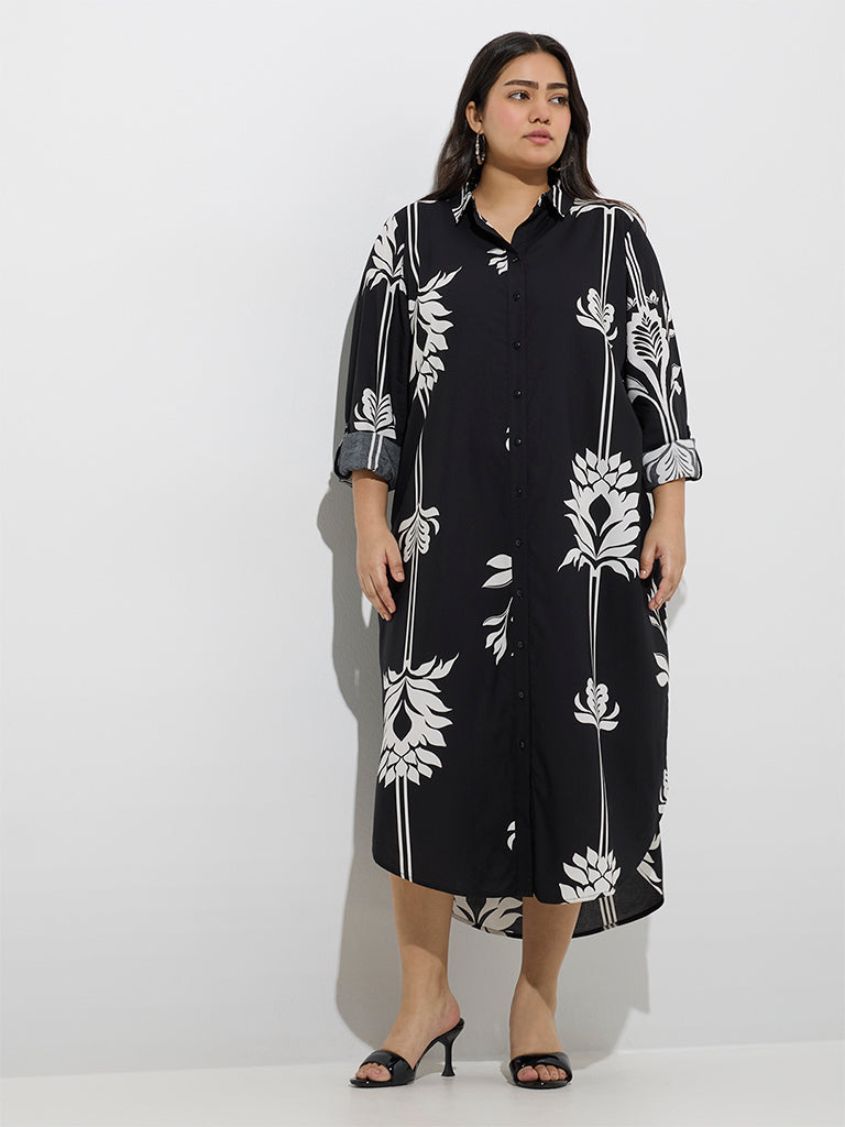 Gia Black Floral Design Shirt Dress