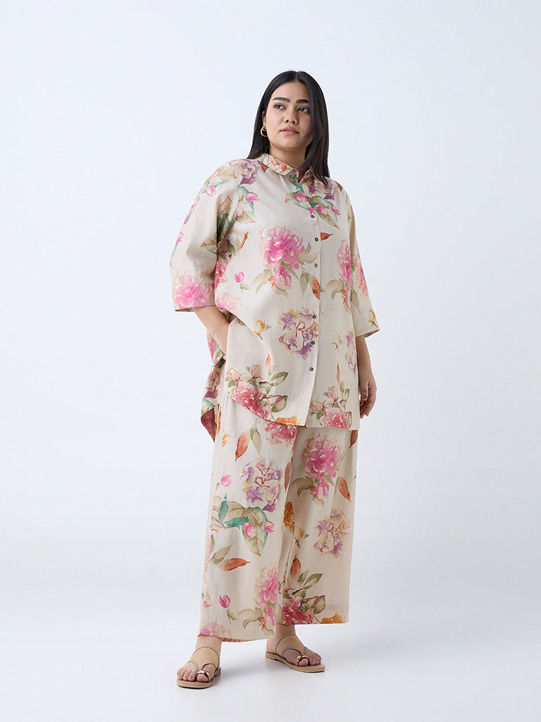 Diza Beige Floral Design Ethnic Pants