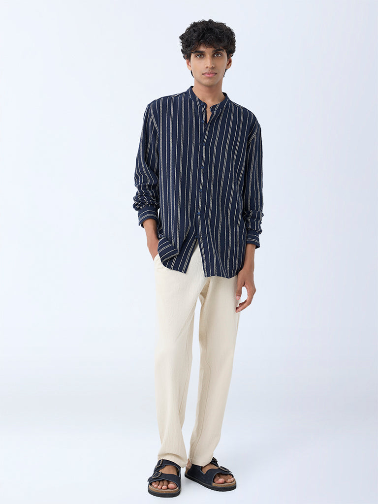 ETA Navy Striped Relaxed-Fit Cotton Shirt