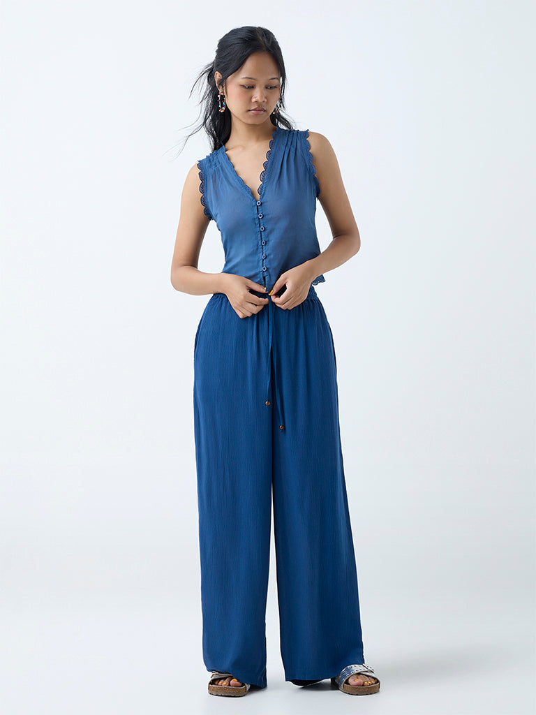 Bombay Paisley Indigo Crinkle-Textured Pants