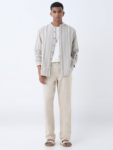 ETA Taupe Stripe Pattern Relaxed-Fit Cotton Shirt