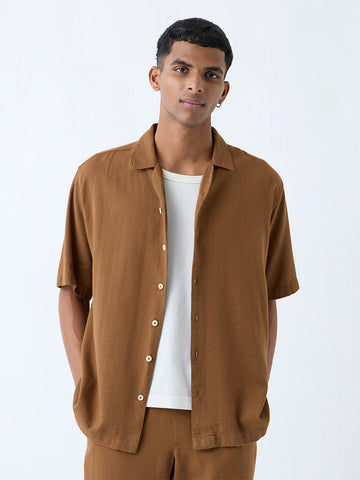ETA Brown Solid Relaxed-Fit Cotton-Blend Shirt
