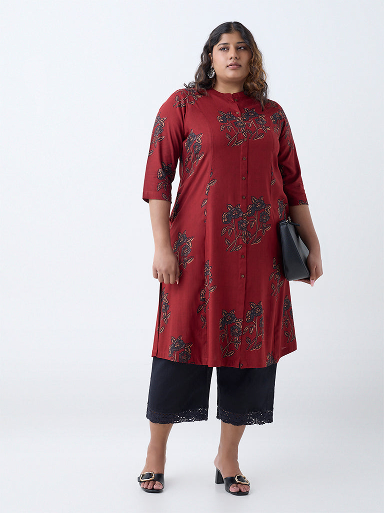 Diza Maroon Botanical Pattern A-Line Kurta