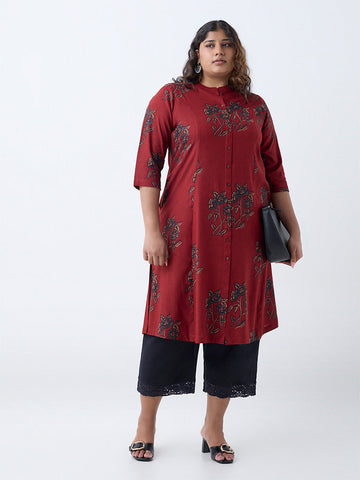 Diza Maroon Botanical Pattern A-Line Kurta