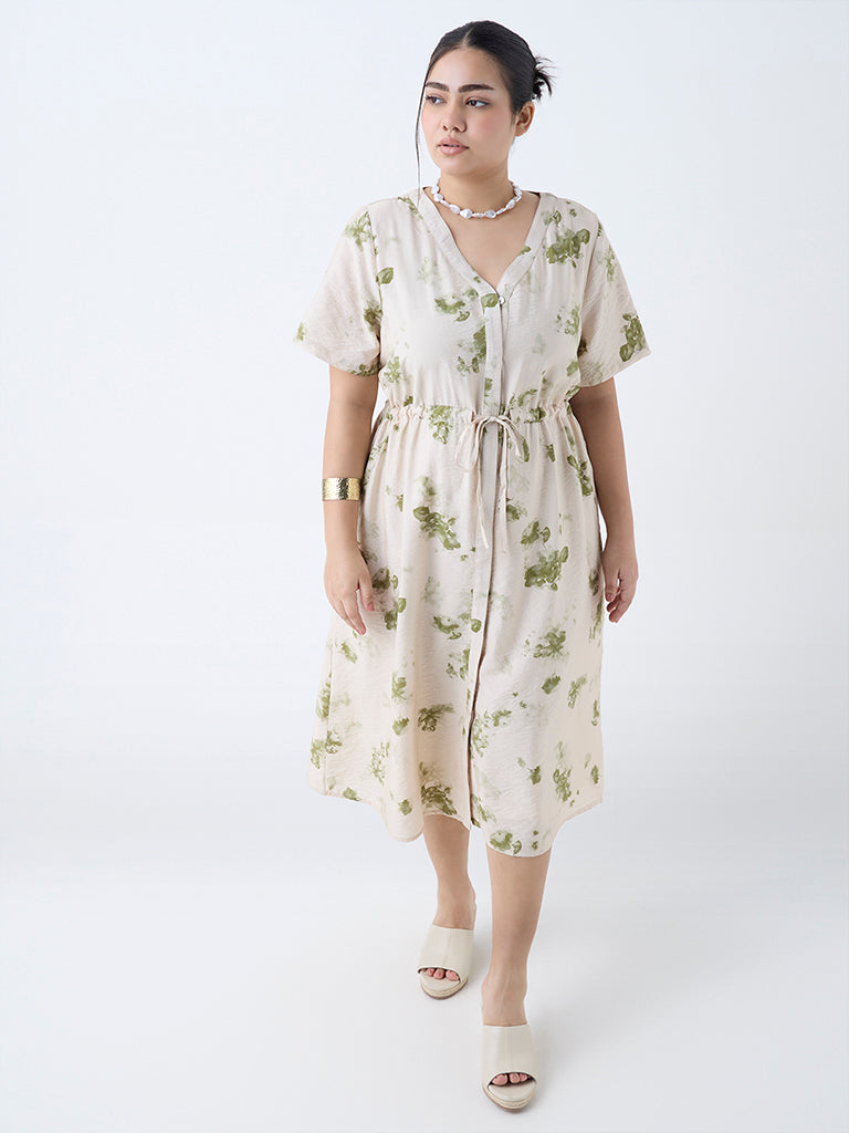 Gia Beige Floral Detailed A-Line Dress