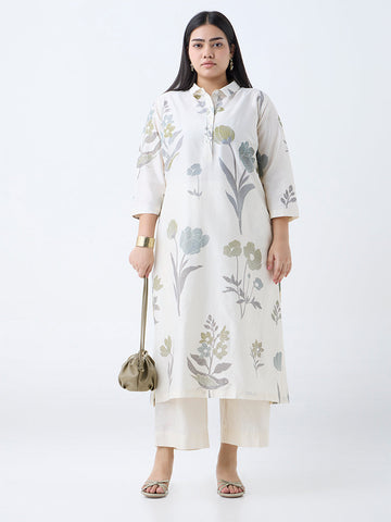 Diza Off-White Floral Design Straight Kurta