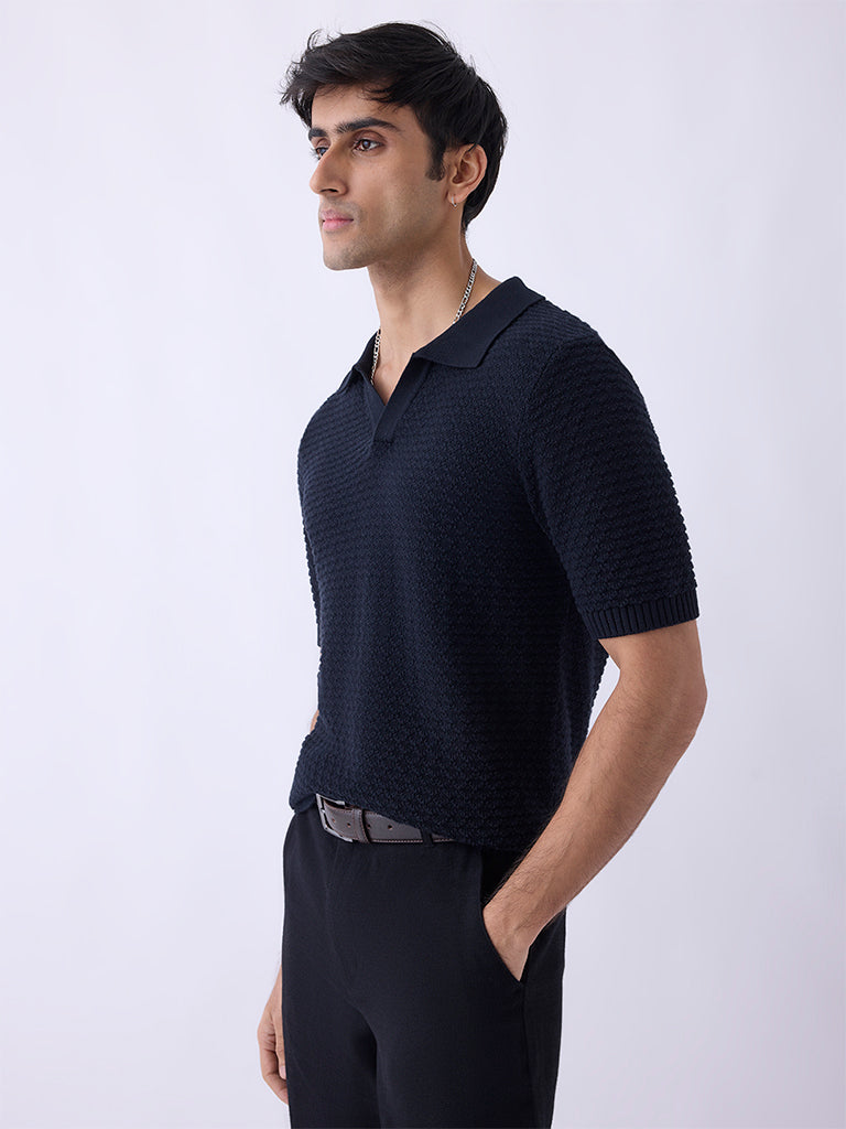 ETA Black Knit-Textured Relaxed-Fit Cotton T-Shirt