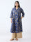 Diza Blue Floral Detailed A-Line Cotton Kurta