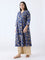 Diza Blue Floral Detailed A-Line Cotton Kurta