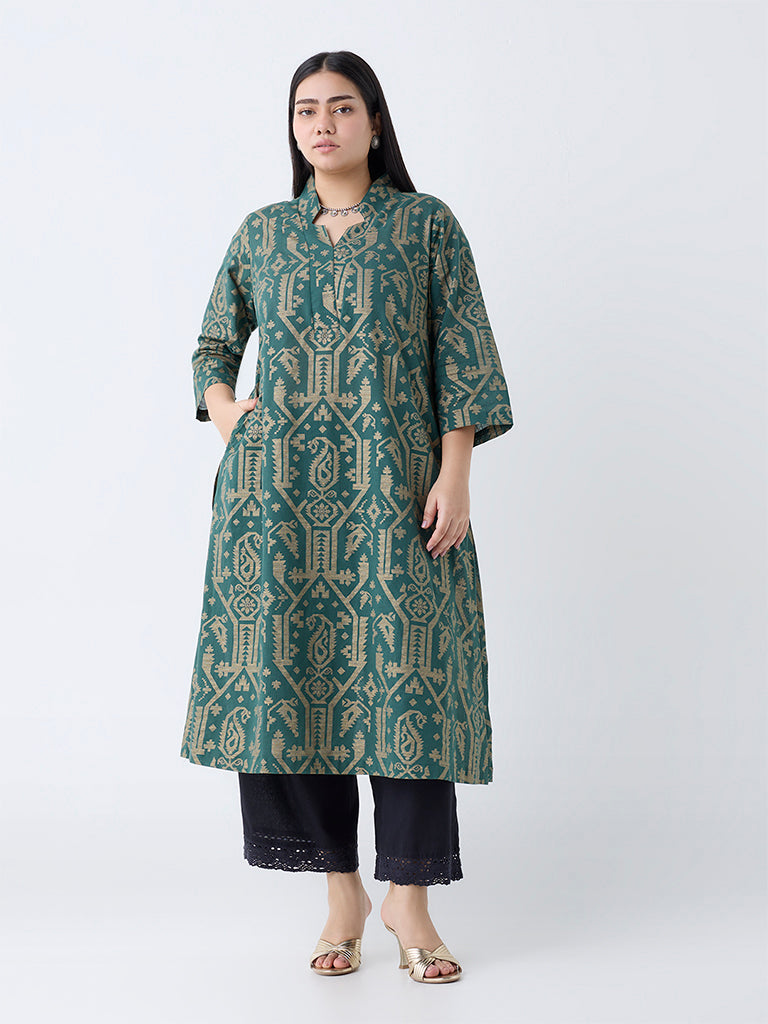 Diza Green Jamdani-Printed Cotton-Blend A-Line Kurta