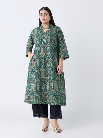 Diza Green Jamdani-Printed Cotton-Blend A-Line Kurta