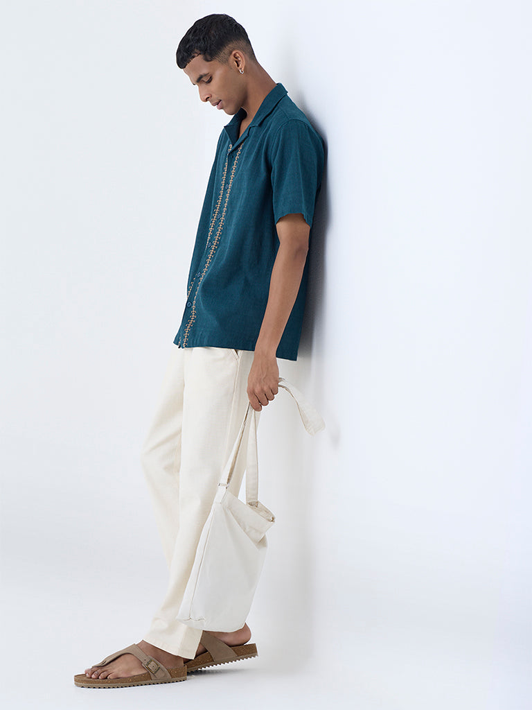 ETA Teal Embroidered Relaxed-Fit Cotton Shirt
