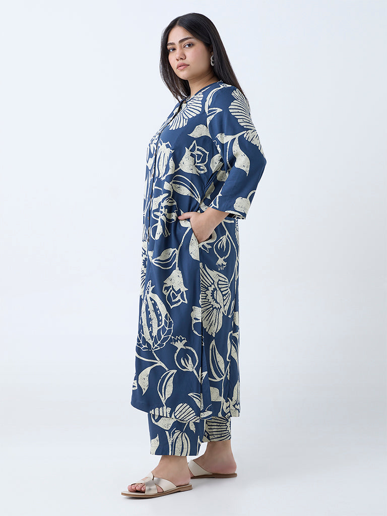 Diza Indigo Botanical Pattern A-Line Kurta