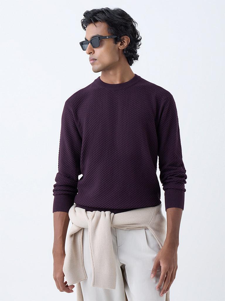 Ascot Wine Knit-Textured Relaxed-Fit Cotton-Blend Sweater