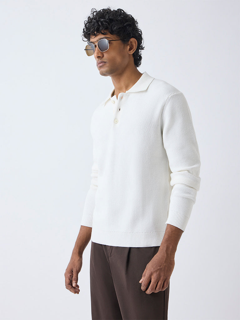 Ascot Off-White Relaxed-Fit Cotton Polo Sweater