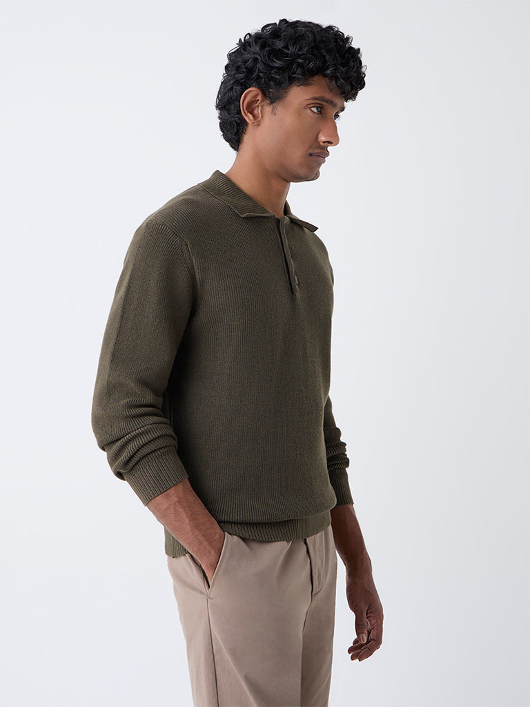 Ascot Olive Knit-Textured Relaxed-Fit Cotton Polo Sweater