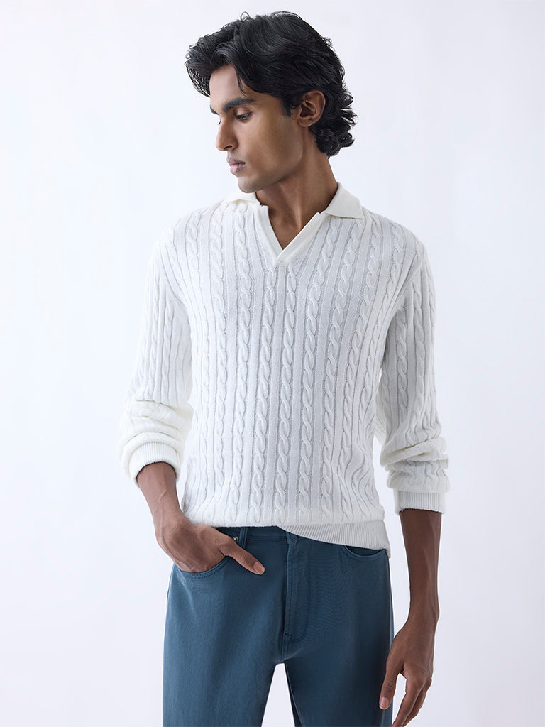 Ascot White Cable-Knit Relaxed-Fit Sweater