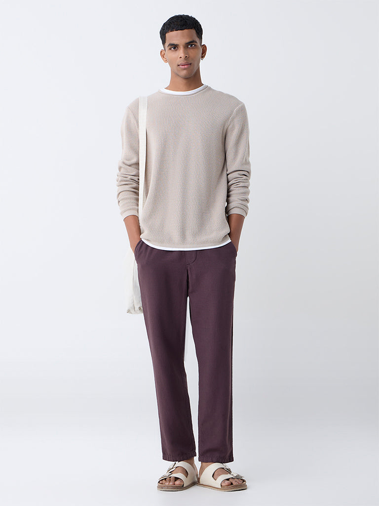 ETA Dark Purple Solid Relaxed Fit Mid-Rise Cotton Chinos