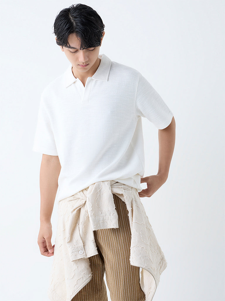 ETA White Self Relaxed-Fit Cotton-Blend Polo T-Shirt