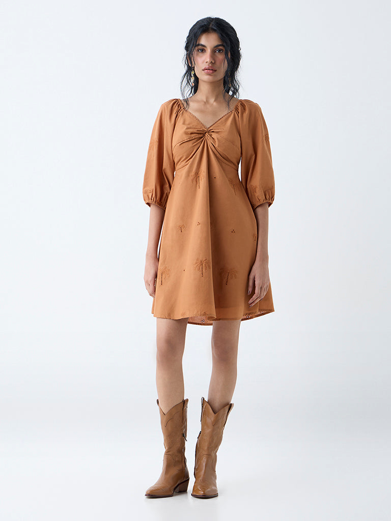 Bombay Paisley Tan Embroidered Cotton A-Line Dress