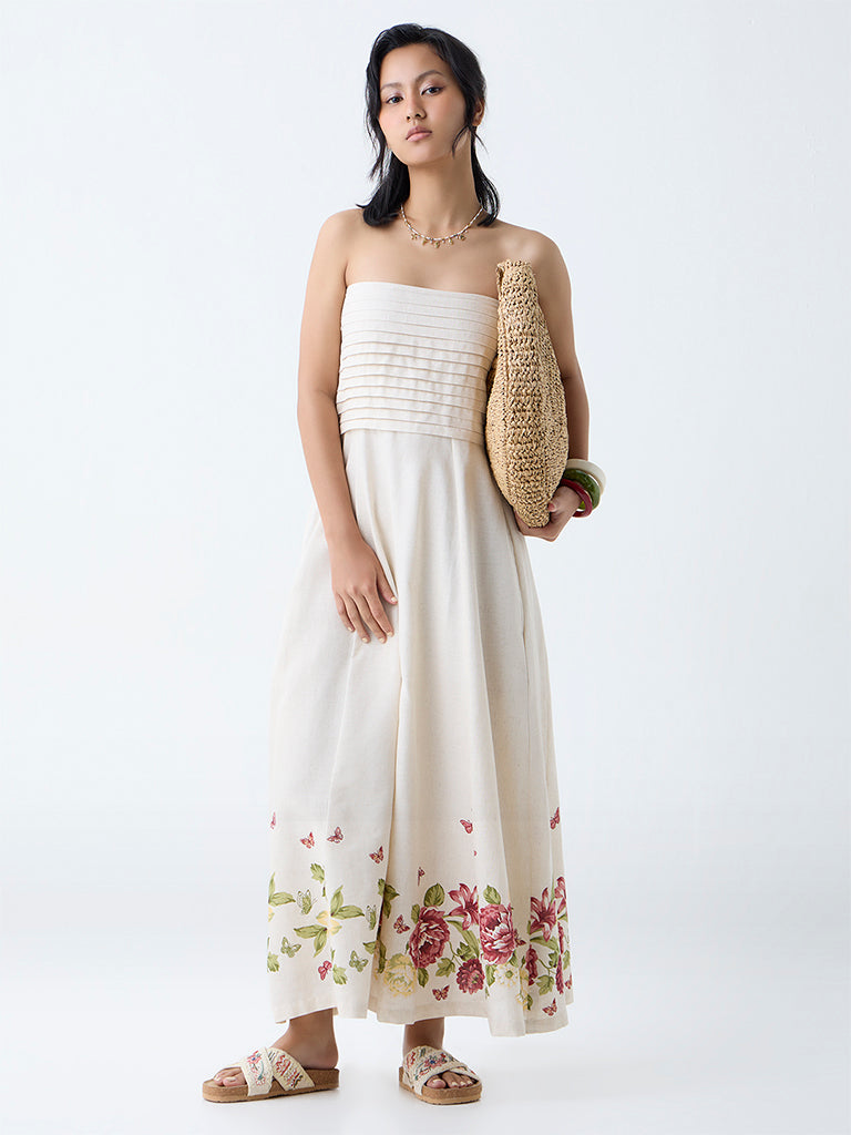 Bombay Paisley Off-White Floral Design Cotton Tube Dress