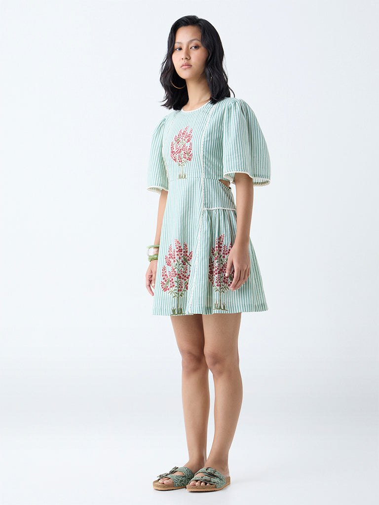 Bombay Paisley Green Floral Detailed Cotton A-Line Dress