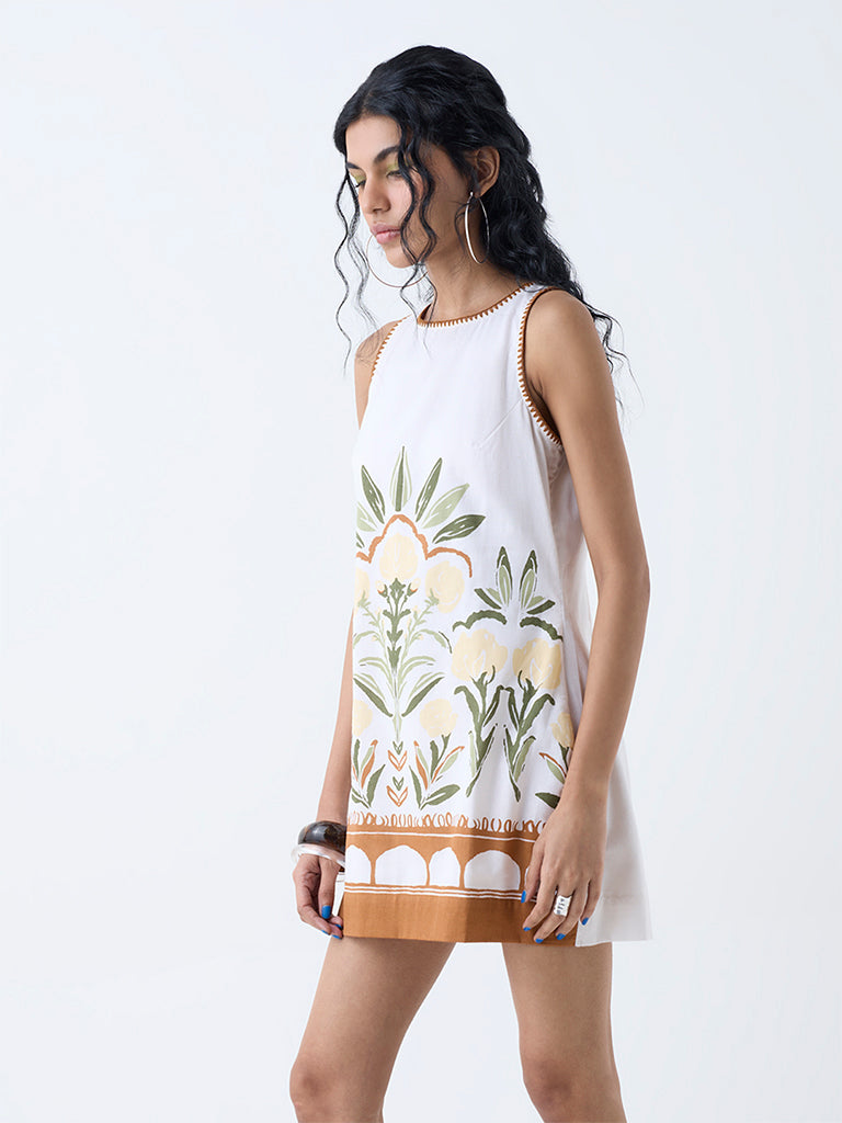 Bombay Paisley White Foliage Cotton-Blend Shift Dress