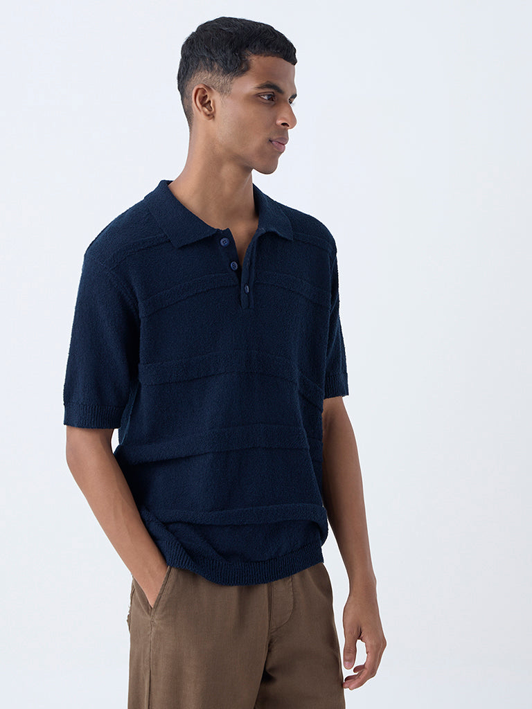 ETA Navy Self-Striped Relaxed-Fit Cotton Polo T-Shirt
