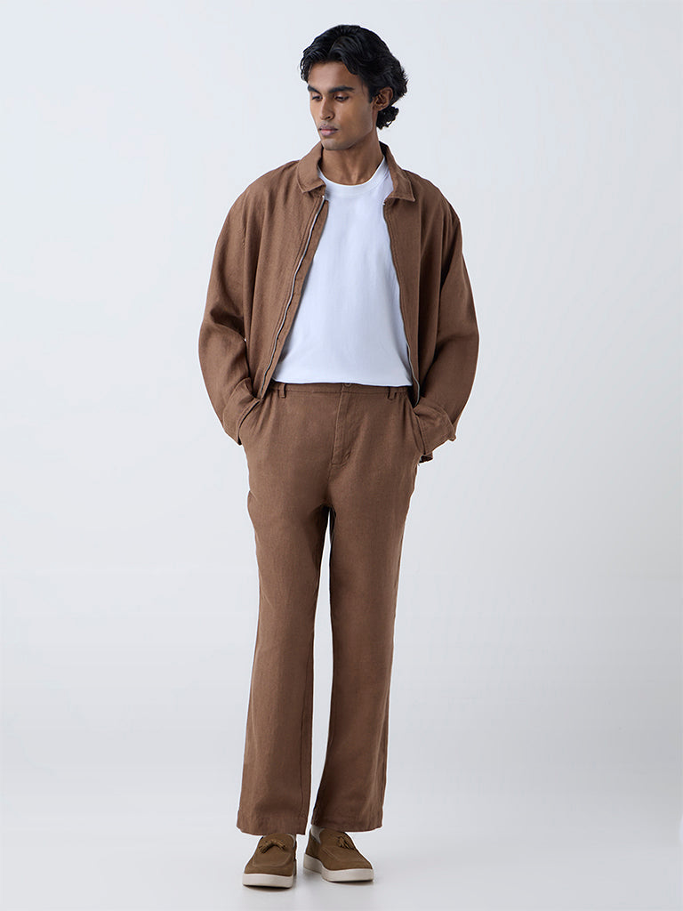 Ascot Khaki Solid Relaxed-Fit Mid-Rise Linen Trousers