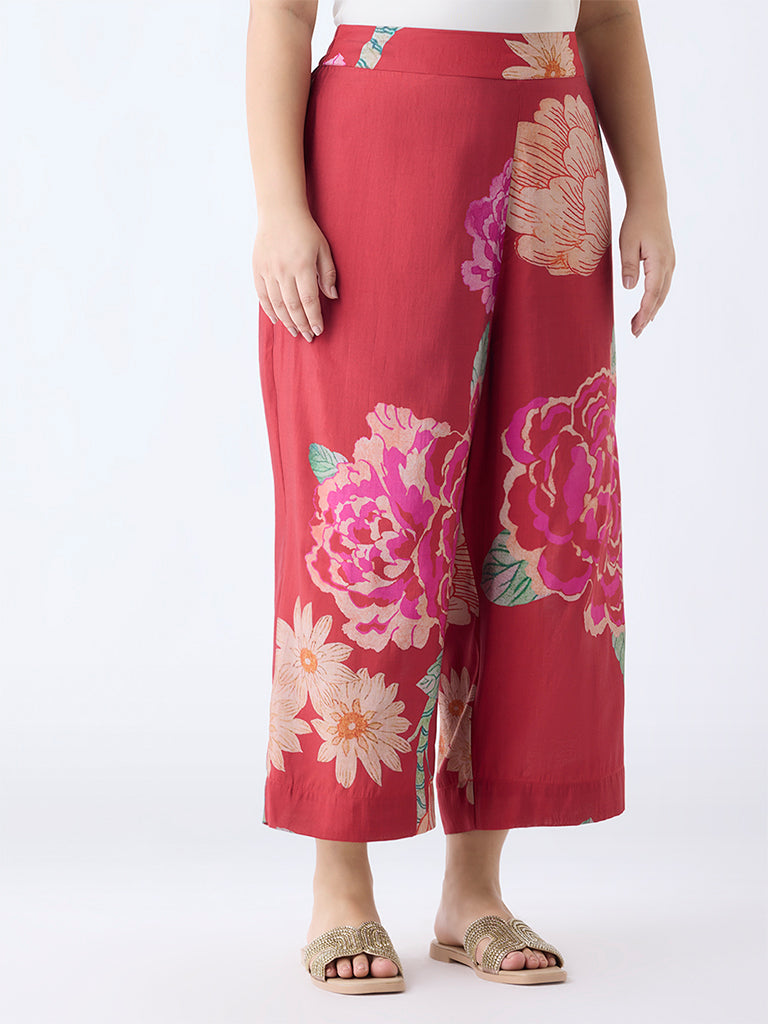 Diza Red Floral Design Ethnic Pants