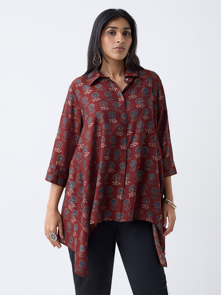 Diza Rust Floral Pattern Asymmetric Tunic