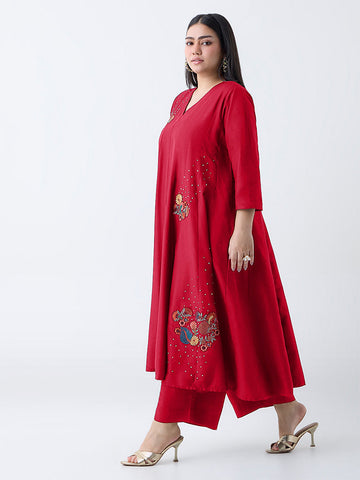 Diza Red Floral Embroidered Anarkali Kurta
