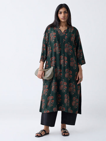 Diza Green Floral Design A-Line Kurta