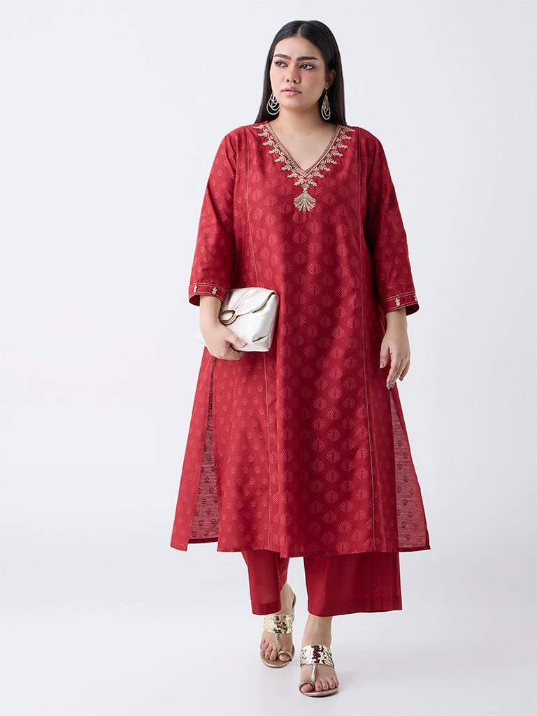 Diza Red Shell Embroidered A-Line Kurta